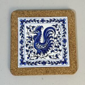 VTG Hand Painted Lucky Blue Barcelos Rooster Cork-Backed Trivet Rustic Portugal